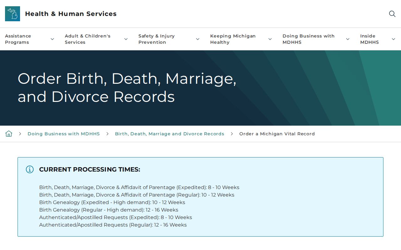 Redford residents directory Michigan vital record order page